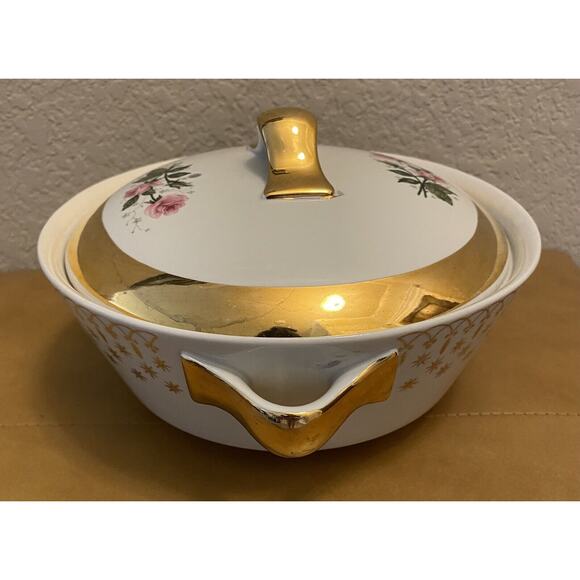 Hall China Flare Ware Rose Pattern Vintage Serving Bowl With Lid Rare Gold Trim - Picture 4 of 9